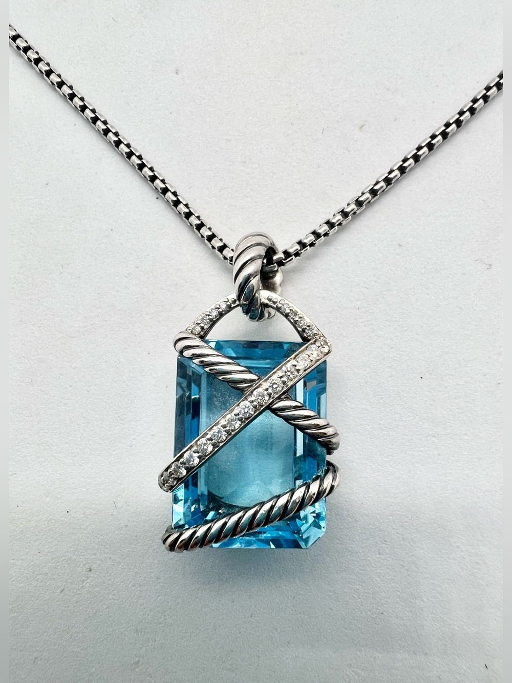 David Yurman Sterling Silver Diamond & Topaz Cable Wrap Pendant and Necklace